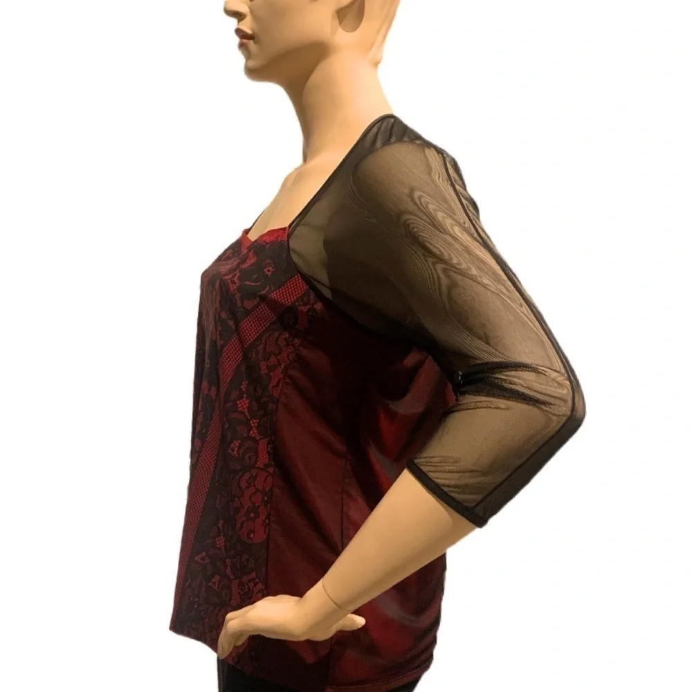 IGIGI Festival Top Plus Size 22 Black Lace on Red Blouse, 3/4 Raglan Sleeves NEW - Picture 7 of 11